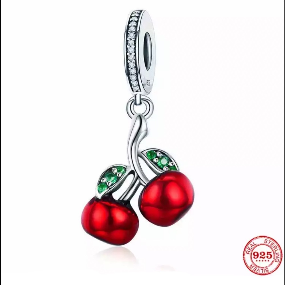 Double Cherries S925 Silver Stamped Dangle Charm, fits Pandora Charm Bracelet